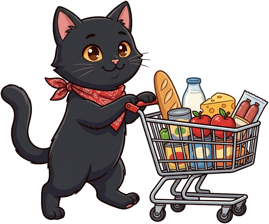Gatito con bandana cowboy y carrito de compras lleno de mercadería